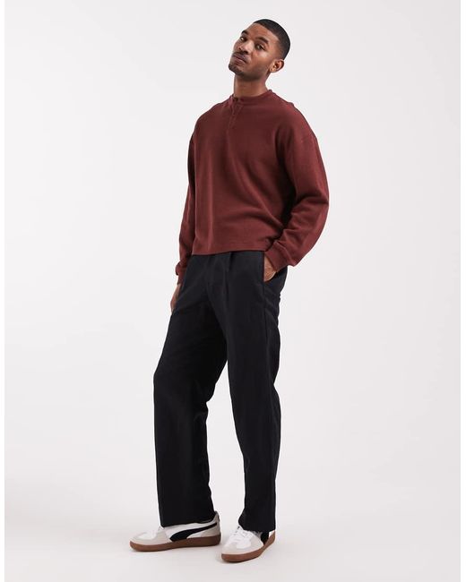 ASOS Red Boxy Oversized Long Sleeve T-shirt With Henley Neck for men