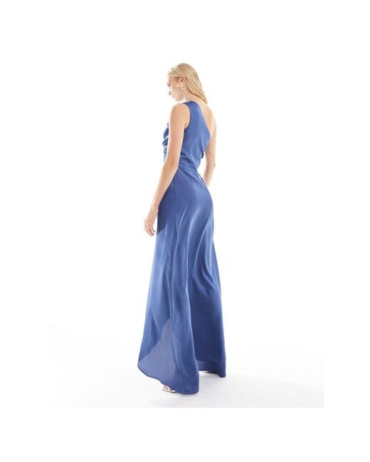 TFNC London Blue Bridesmaid Satin One Shoulder Maxi Dress With Wrap Skirt