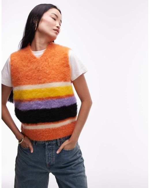 TOPSHOP Orange Knitted Fluffy High V Bright Stripe Tank