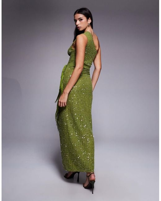 ASOS Green Sequin Knit Twist One Shoulder Midi Dress With Drape Fringe Panels