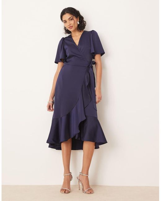 Y.A.S Blue Satin Midi Wrap Dress