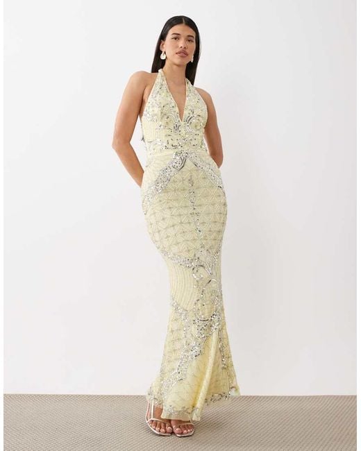 Beauut Natural Fully Embellished Beaded Plunge Halter Neck Maxi Dress