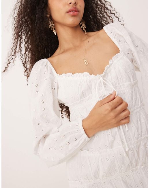 Gina Tricot White Long Sleeve Sweetheart Neck Broderie Anglais Mini Dress