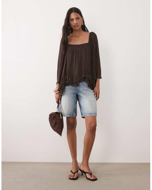 Mango Brown Sqaure Neck Half Sleeve Ruffle Blouse
