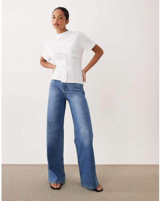 ASOS White Short Sleeve Corset Detail Waist Top