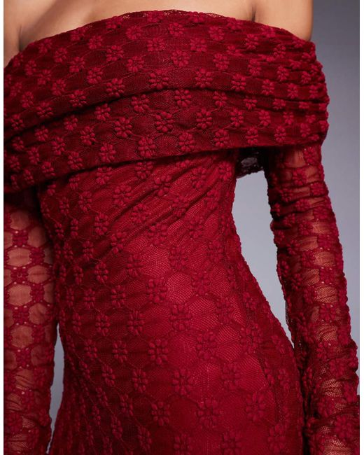 Bardot Red Adoni Flocked Off The Shoulder Long Sleeve Maxi Dress