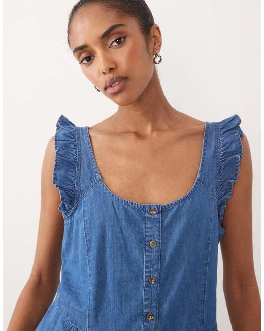 ASOS Blue Soft Denim Romper With Frill Shorts