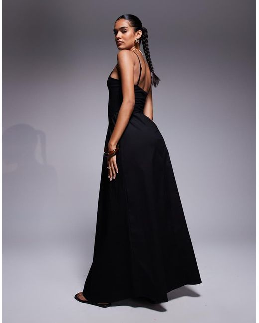 Fashionkilla Blue Cotton & Poplin Mix V-neck Drop Waist Detail Maxi Dress