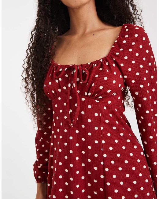 New Look Red Polka Dot Long Sleeve Milkmaid Mini Dress