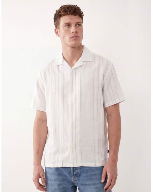 Jack & Jones White Premium Linen Blend Short Sleeve Shirt With Green Stripes for men