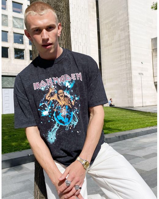 ASOS Black Iron Maiden Oversized T-shirt With Acid Wash for men