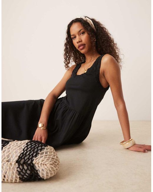 ASOS Black Ruched Scoop Smock Midi Dress