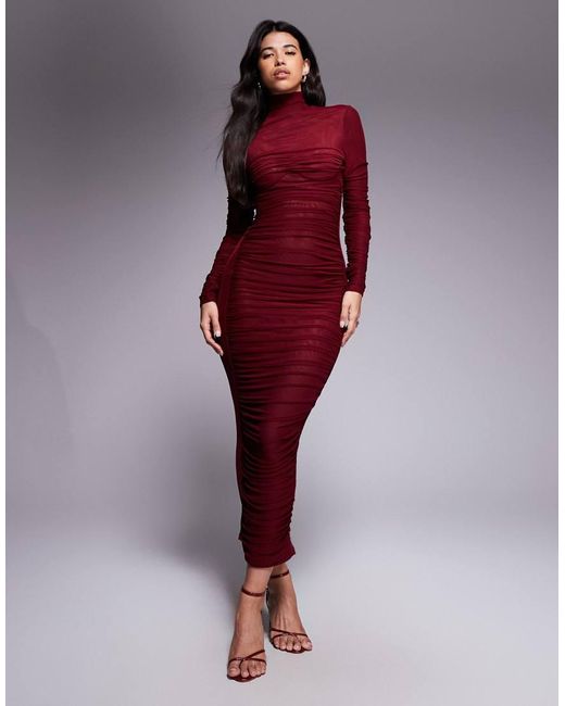 Ruched & Ready Red It Girl Sculpted Semi Sheer Mesh High Neck Bodycon Maxi Dress