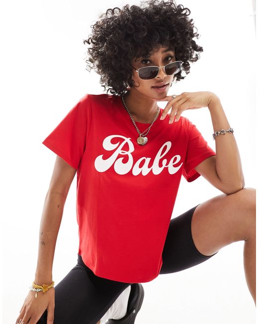 Monki Red Short Sleeve T-shirt With Front 'babe' Graphic