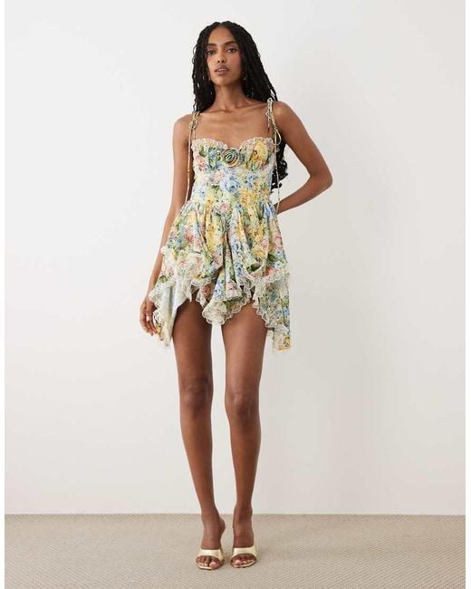 For Love & Lemons White Elea Rosette Detail Sweetheart Neck Mini Dress