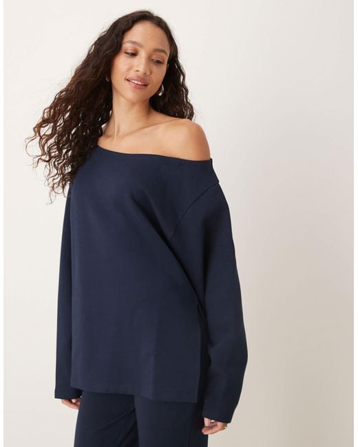 ASOS Blue Oversized Off Shoulder Interlock Sweatshirt