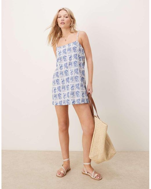 Abercrombie & Fitch Jurk Van Linnenmix Met Knopen, Skort En Blauwe Postzegelprint in het Blue