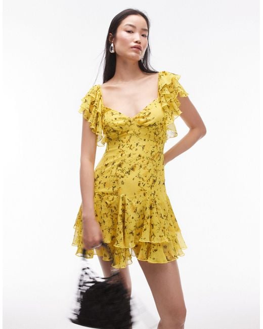 TOPSHOP Yellow Flutter Sleeve Mini Tea Dress