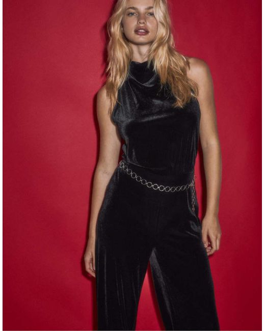 Stradivarius Red Long Velvet Jumpsuit With Belt
