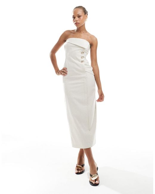 4th & Reckless White Linen Blend Bandeau Foldover Gold Button Detail Maxi Dress