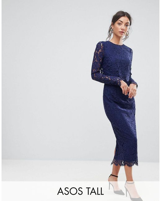 ASOS Blue Wedding Lace Long Sleeve Midi Pencil Dress