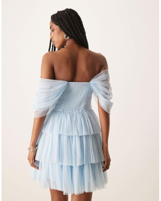 LACE & BEADS Blue Off Shoulder Corset Tulle Mini Dress