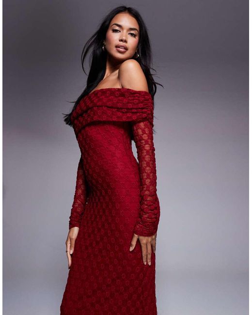 Bardot Red Adoni Flocked Off The Shoulder Long Sleeve Maxi Dress