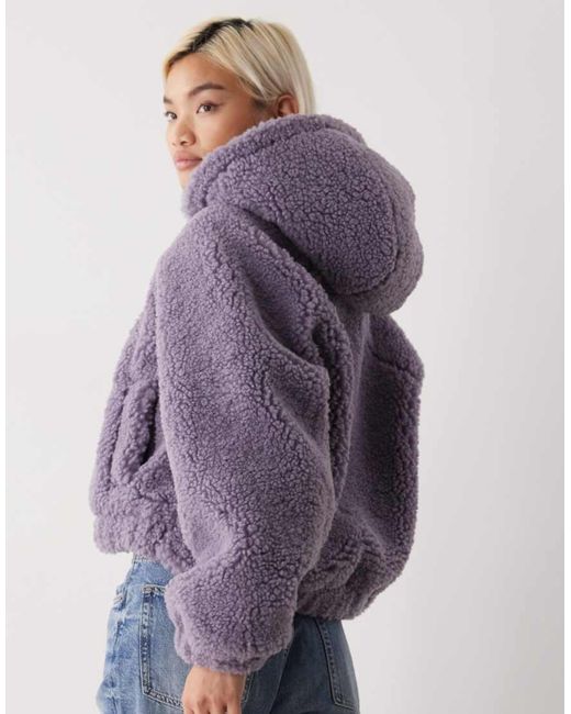 Monki Purple Zip Through Teddy Hooded Jacket