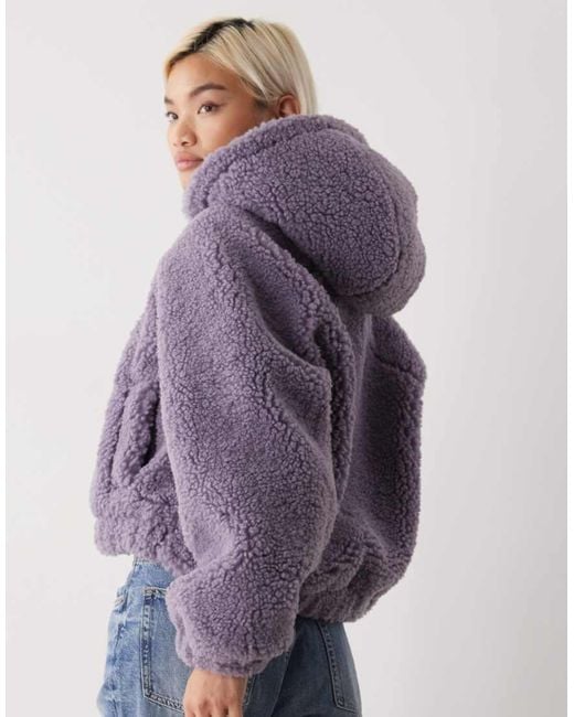 Monki Purple Zip Through Teddy Hooded Jacket
