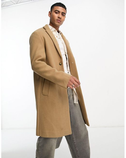 Pull&Bear Natural Overcoat With Wool Mix for men