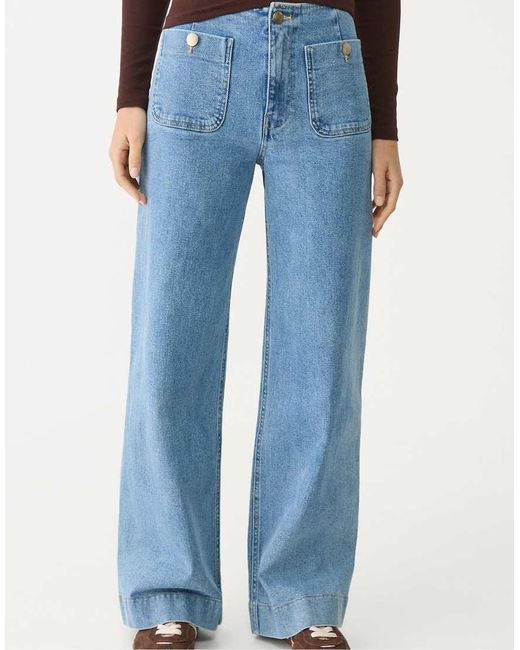 Stradivarius Blue Tall D77 Straight Leg Jean With Button Detail