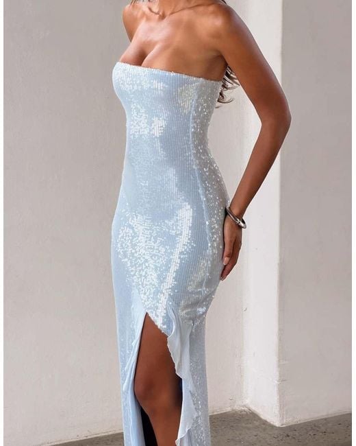 Tiger Mist White Theo Sequin Bandeau Ruffle Detail Thigh Slit Maxi Dress