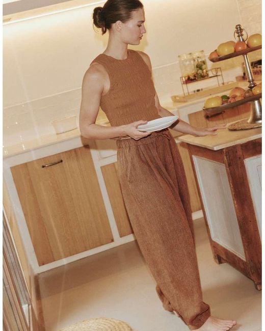Oysho Natural 100% Linen Striped Balloon Trousers