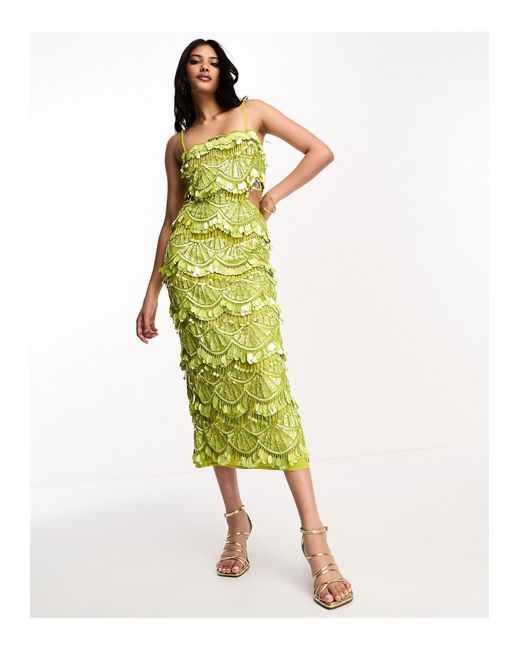 ASOS Green Embellished Teardrop Sequin Midi Dress With Cut Out Waist Detail