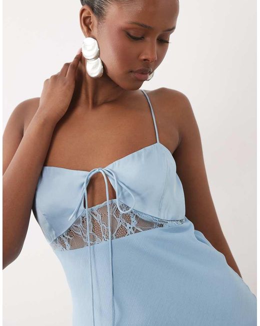 ASOS Blue Bias Cut Sheer Chiffon Cami Maxi Dress With Satin Bust And Lace Panel