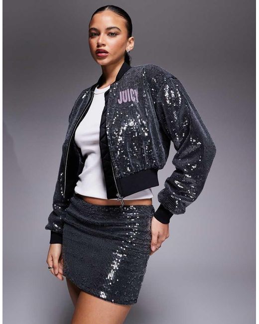 Juicy Couture Blue Logo Sequin Zip Through Bomber Jacket