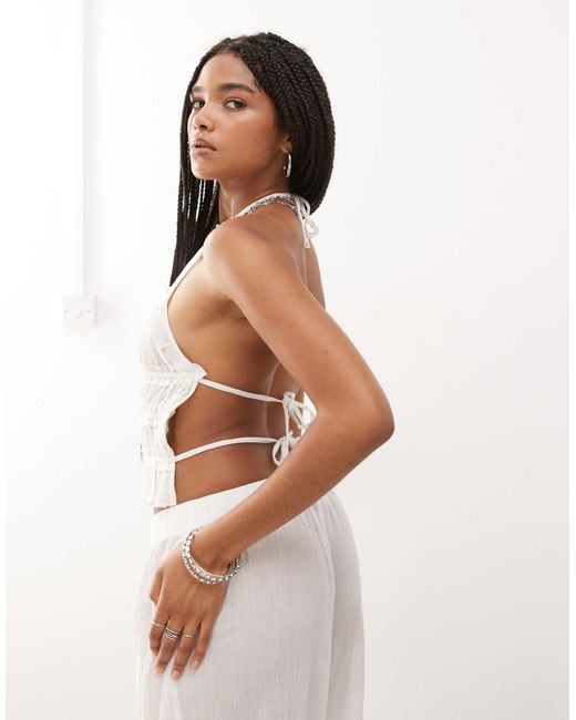 Collusion White Textured Halter Neck Backless Top