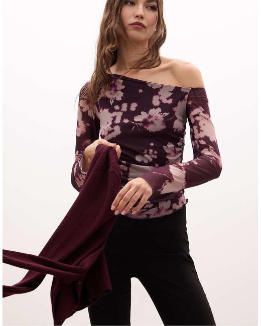 Stradivarius Purple Printed Asymmetric Tulle T-Shirt