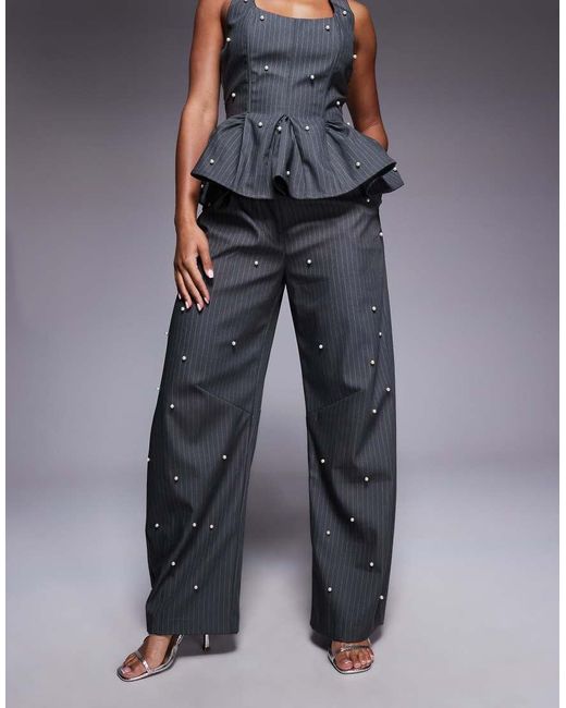 Pantalones Grises De Corte Barrel Con Raya Diplomática Y Perlas De (Parte De Un Conjunto) ASOS de color Blue