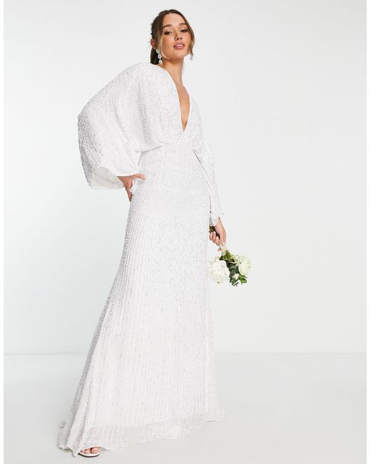 ASOS White Ciara Sequin Kimono Sleeve Wedding Dress In