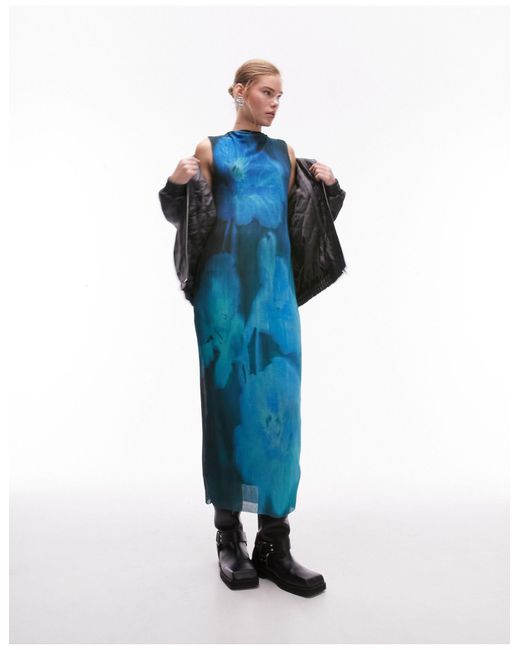 TOPSHOP Blue Textured Abstract Floral Column Midi Dress