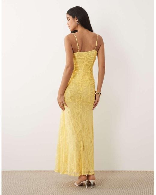 ASOS Natural Mesh Fishtail Maxi Dress With Lace Trim Detail And Ruched Bodice