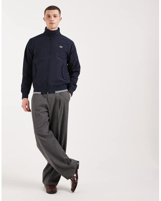 Fred Perry Blue Crinkle Tipped Hem Logo Harrington Jacket for men