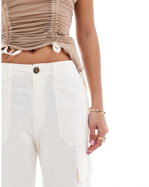 Only Petite White Linen Mix Loose Fit Cargo Pants