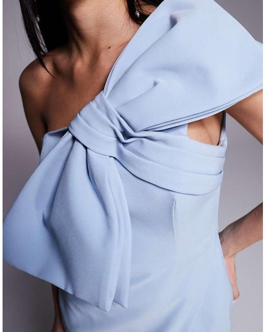 Lavish Alice Blue One Shouder Statement Bow Midi Dress