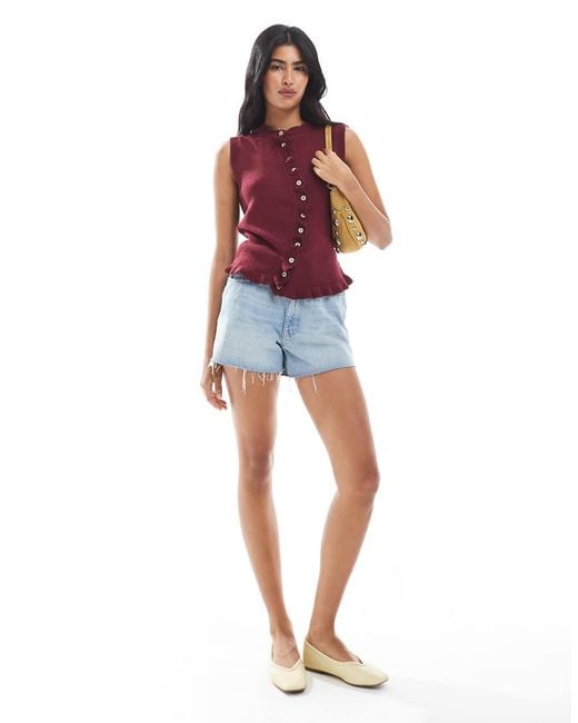 ASOS Red Knitted Tank Top With Irregular Placket And Ruffle Edge