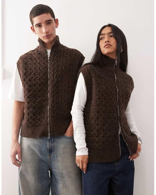 Reclaimed Vintage Brown Zip Through Cable Knitted Tank