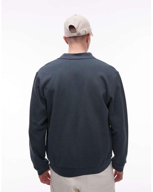ARKET Blue Textured Jersey Cardigan With Polo Collar for men