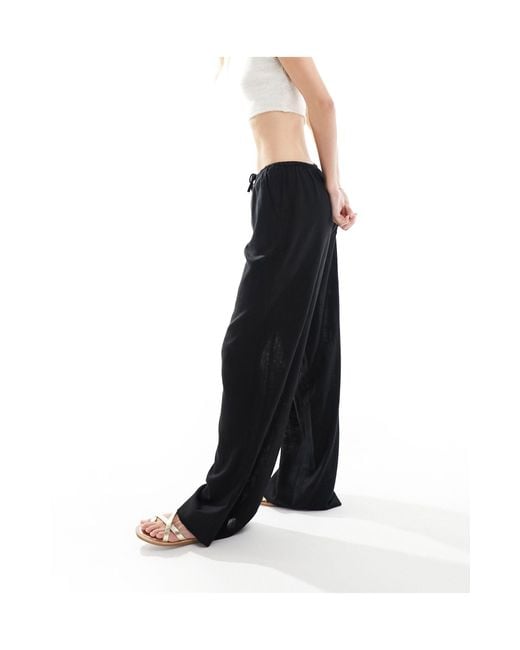 ASOS Black Tall Wide Leg Pull On Trouser With Linen