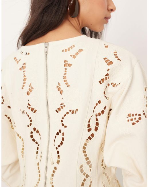 ARRANGE Natural Twill Embroidered Cutwork Mini Skater Dress